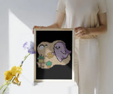 Framed mini cute Ghost with Watering Can diamond painting as wall art. Purple pastel tones, 20x30cm with 3,123 round drills, 10 colors plus 1 AB or Fairy Dust drill. Gentle décor or gift for plant lovers.